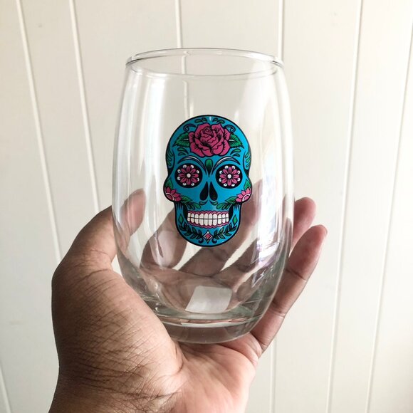 Cristar Aqua Blue Sugar Skull Stemless Wine Glasses Set of 2 Day of The Dead - Picture 5 of 5